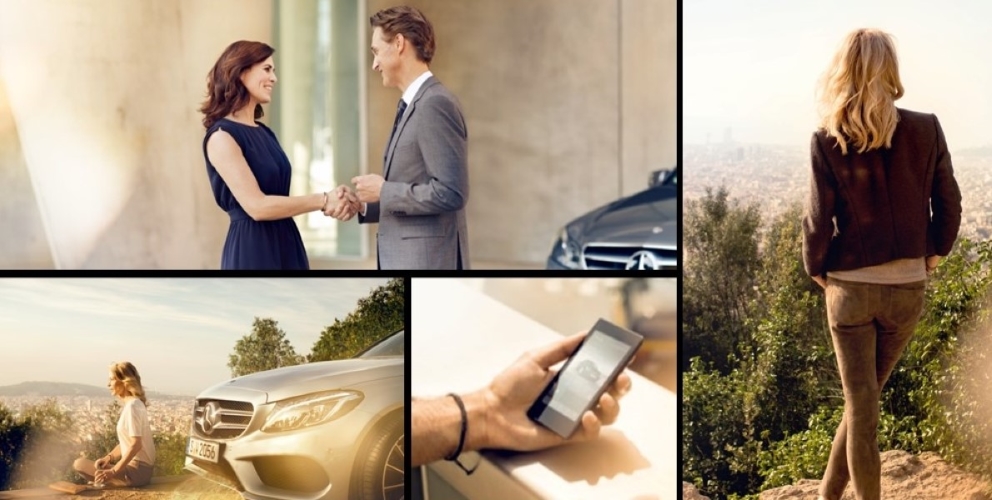 zu sehen sind vier Bilder von Personen und einem Mercedes Benz Auto 
