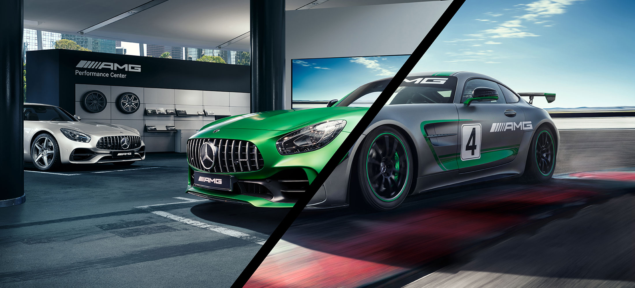 Bildcollage von einem AMG Rennwagen und AMG Business Waegn 